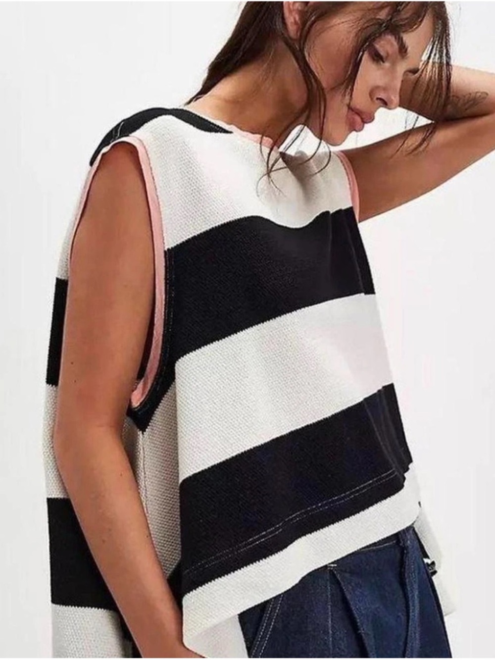 Free People Walcott Black, White & Pink Striped Knit Tank NWT